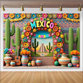 Lofaris Toile de fond mexicaine avec pyramide et cactus colorés, arrière-plan vibrant pour studio photo et événements festifs