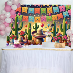 Lofaris. Toile de fond vibrante pour fête mexicaine avec cactus et sombreros, arrière-plan coloré guitare et ballons pour studio photo