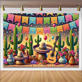 Lofaris. Toile de fond vibrante pour fête mexicaine avec cactus et sombreros, arrière-plan coloré guitare et ballons pour studio photo