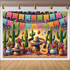 Lofaris. Toile de fond vibrante pour fête mexicaine avec cactus et sombreros, arrière-plan coloré guitare et ballons pour studio photo
