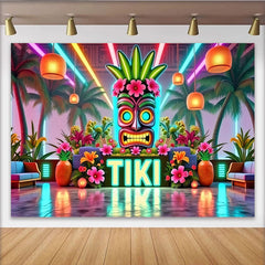 Lofaris Toile de fond de photographie tiki néon avec masque et palmiers lumineux, décor tropical vibrant pour studio photo
