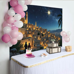 Lofaris Toile de fond de Noël scène de la Nativité avec étoile brillante, décor de village ancien pour célébrations de fin d'année