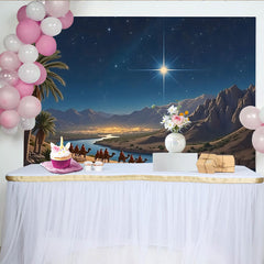 Lofaris Toile de fond Nativité avec chameaux, étoile brillante et palmiers, décor de Noël pour studio photo ou fête religieuse