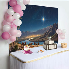 Lofaris Toile de fond Nativité avec chameaux, étoile brillante et palmiers, décor de Noël pour studio photo ou fête religieuse