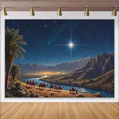 Lofaris Toile de fond Nativité avec chameaux, étoile brillante et palmiers, décor de Noël pour studio photo ou fête religieuse