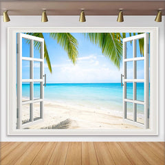 Lofaris Toile de fond de photographie paysage marin tropical avec fenêtre ouverte, magnifique arrière-plan de studio pour séance photo d'été
