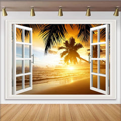Lofaris Toile de fond de photographie fenêtre sur paysage tropical coucher de soleil, arrière-plan plage avec palmiers pour studio photo