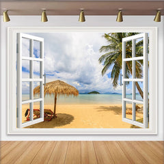Lofaris Toile de fond de photographie fenêtre ouverte sur plage tropicale, magnifique arrière-plan d'été pour studio photo et vacances