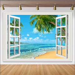 Lofaris Toile de fond de photographie fenêtre ouverte sur plage tropicale, magnifique arrière-plan pour studio photo et portrait d'été