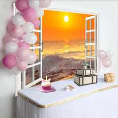 Lofaris Fenêtre ouverte avec coucher de soleil orange vif sur l'océan, arrière-plan de photographie pour studio et portrait
