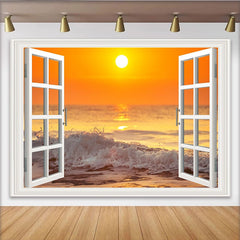 Lofaris Fenêtre ouverte avec coucher de soleil orange vif sur l'océan, arrière-plan de photographie pour studio et portrait
