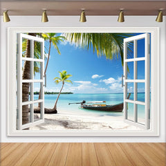 Lofaris Toile de fond de photographie vue sur plage tropicale avec fenêtre ouverte, arrière-plan estival pour studio photo et décoration murale