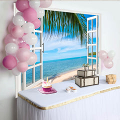 Lofaris Toile de fond de photographie fenêtre ouverte sur la mer, décor de plage tropicale avec palmiers pour studio photo