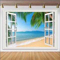 Lofaris Toile de fond de photographie vue sur plage tropicale avec fenêtre ouverte et palmiers, arrière-plan océan bleu pour studio photo