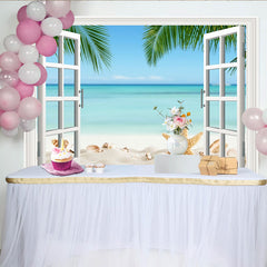 Lofaris Toile de fond de photographie fenêtre ouverte sur la plage, mer turquoise, arrière-plan estival pour studio photo et portrait
