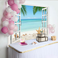 Lofaris Toile de fond de photographie fenêtre ouverte sur la plage, mer turquoise, arrière-plan estival pour studio photo et portrait