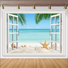 Lofaris Toile de fond de photographie fenêtre ouverte sur la plage, mer turquoise, arrière-plan estival pour studio photo et portrait