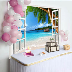 Lofaris Toile de fond de photographie fenêtre ouverte sur la plage tropicale et palmiers, magnifique arrière-plan estival pour studio photo