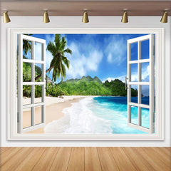 Lofaris Toile de fond de photographie vue sur mer, fenêtre ouverte, arrière-plan de plage tropicale pour studio photo