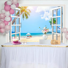 Lofaris Toile de fond de photographie plage tropicale avec fenêtre ouverte et palmiers, magnifique arrière-plan estival pour studio photo