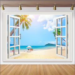 Lofaris Toile de fond de photographie plage tropicale avec fenêtre ouverte et palmiers, magnifique arrière-plan estival pour studio photo