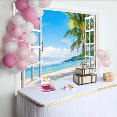 Lofaris Toile de fond de photographie vue de fenêtre sur la plage tropicale, magnifique arrière-plan de mer avec palmiers pour studio photo