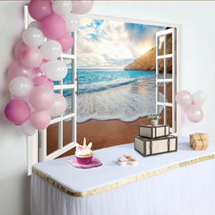 Lofaris Toile de fond de photographie vue sur mer avec fenêtre ouverte et plage, magnifique arrière-plan estival pour studio photo