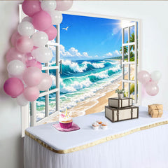 Lofaris Toile de fond de photographie vue sur mer avec fenêtre ouverte et vagues bleues, magnifique arrière-plan de plage tropicale