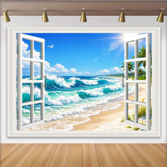 Lofaris Toile de fond de photographie vue sur mer avec fenêtre ouverte et vagues bleues, magnifique arrière-plan de plage tropicale