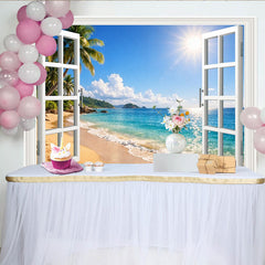 Lofaris Toile de fond de photographie fenêtre ouverte sur plage tropicale avec palmiers, magnifique arrière-plan estival pour studio photo