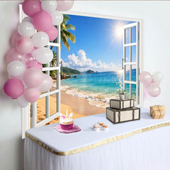 Lofaris Toile de fond de photographie fenêtre ouverte sur plage tropicale avec palmiers, magnifique arrière-plan estival pour studio photo