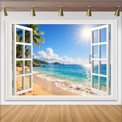 Lofaris Toile de fond de photographie fenêtre ouverte sur plage tropicale avec palmiers, magnifique arrière-plan estival pour studio photo