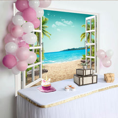 Lofaris Toile de fond de photographie fenêtre ouverte sur plage tropicale, arrière-plan estival avec mer turquoise et palmiers