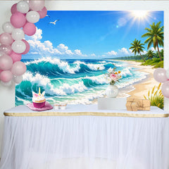 Lofaris Toile de fond de photographie paysage de plage tropicale avec vagues et palmiers, magnifique arrière-plan pour studio photo