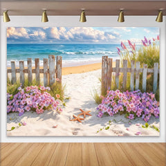 Lofaris Toile de fond de photographie bord de mer avec clôture en bois et fleurs, arrière-plan de plage ensoleillé pour studio