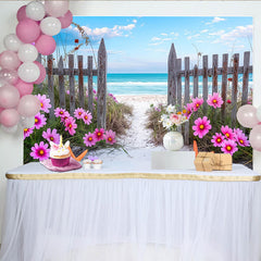 Lofaris Toile de fond de photographie de plage avec fleurs roses, arrière-plan d'océan bleu et étoiles de mer pour studio photo