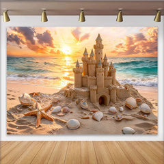 Lofaris Toile de fond de photographie plage château de sable coucher de soleil, magnifique arrière-plan océanique pour studio et portrait