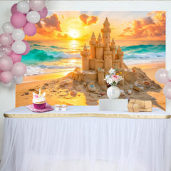 Lofaris Magnifique toile de fond de photographie château de sable sur plage au coucher du soleil, avec vagues de l'océan pour studio