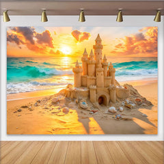 Lofaris Magnifique toile de fond de photographie château de sable sur plage au coucher du soleil, avec vagues de l'océan pour studio
