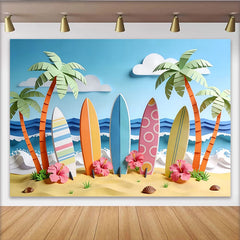 Lofaris Toile de fond de photographie plage d'été avec planches de surf et palmiers, arrière-plan tropical pour studio photo et fête estivale