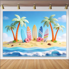 Lofaris Toile de fond de photographie plage et surf dessin animé avec palmiers, arrière-plan estival coloré pour studio photo
