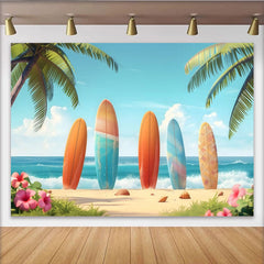 Lofaris Toile de fond de photographie plage tropicale avec planches de surf, magnifique arrière-plan d'été pour studio photo et vacances