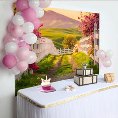 Lofaris Toile de fond paysage de printemps avec clôture blanche et fleurs roses, décor naturel verdoyant pour séance photo