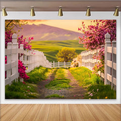 Lofaris Toile de fond paysage de printemps avec clôture blanche et fleurs roses, décor naturel verdoyant pour séance photo