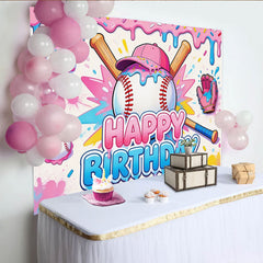 Lofaris Toile de fond baseball joyeux anniversaire rose et bleu, décor de fête pour enfants avec gant et confettis