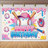 Lofaris Toile de fond baseball joyeux anniversaire rose et bleu, décor de fête pour enfants avec gant et confettis