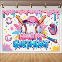 Lofaris Toile de fond baseball joyeux anniversaire rose et bleu, décor de fête pour enfants avec gant et confettis