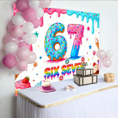 Lofaris Toile de fond donuts et bonbons pour anniversaire avec chiffres 6 et 7, arrière-plan coloré pour fête d'enfants et séance photo