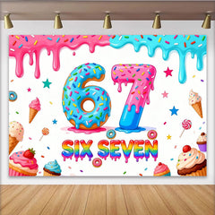 Lofaris Toile de fond donuts et bonbons pour anniversaire avec chiffres 6 et 7, arrière-plan coloré pour fête d'enfants et séance photo