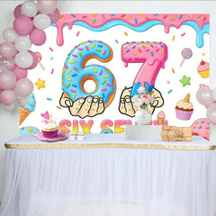 Lofaris Toile de fond pour anniversaire 67 ans avec chiffres donuts et bonbons, décor de fête joyeuse pour studio photo